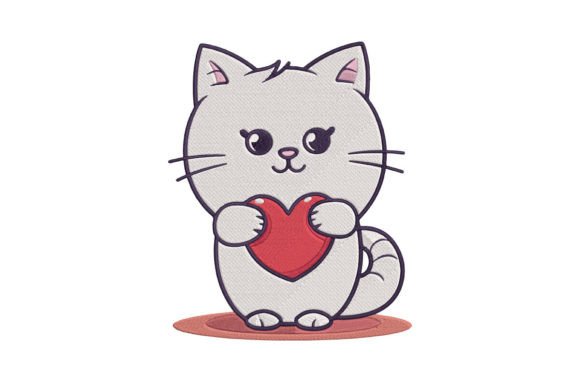 Cute Cat with Love Heart Embroidery